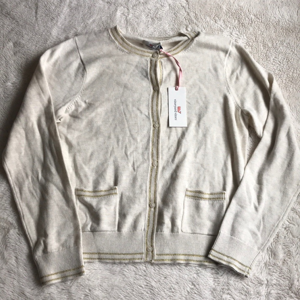 Vineyard Vines Cream Button-Down Cardigan with Gold Trim - Kids